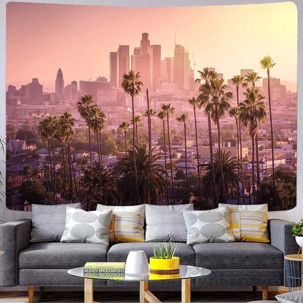 Los Angeles Pink Sunset City Skyline Cityscape Wall Indoor Pretty Decor Tapestry